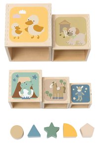 Wooden blocks with colorful animal illustrations. Each block varies in size and features bright patterns. Includes five geometric shapes below.