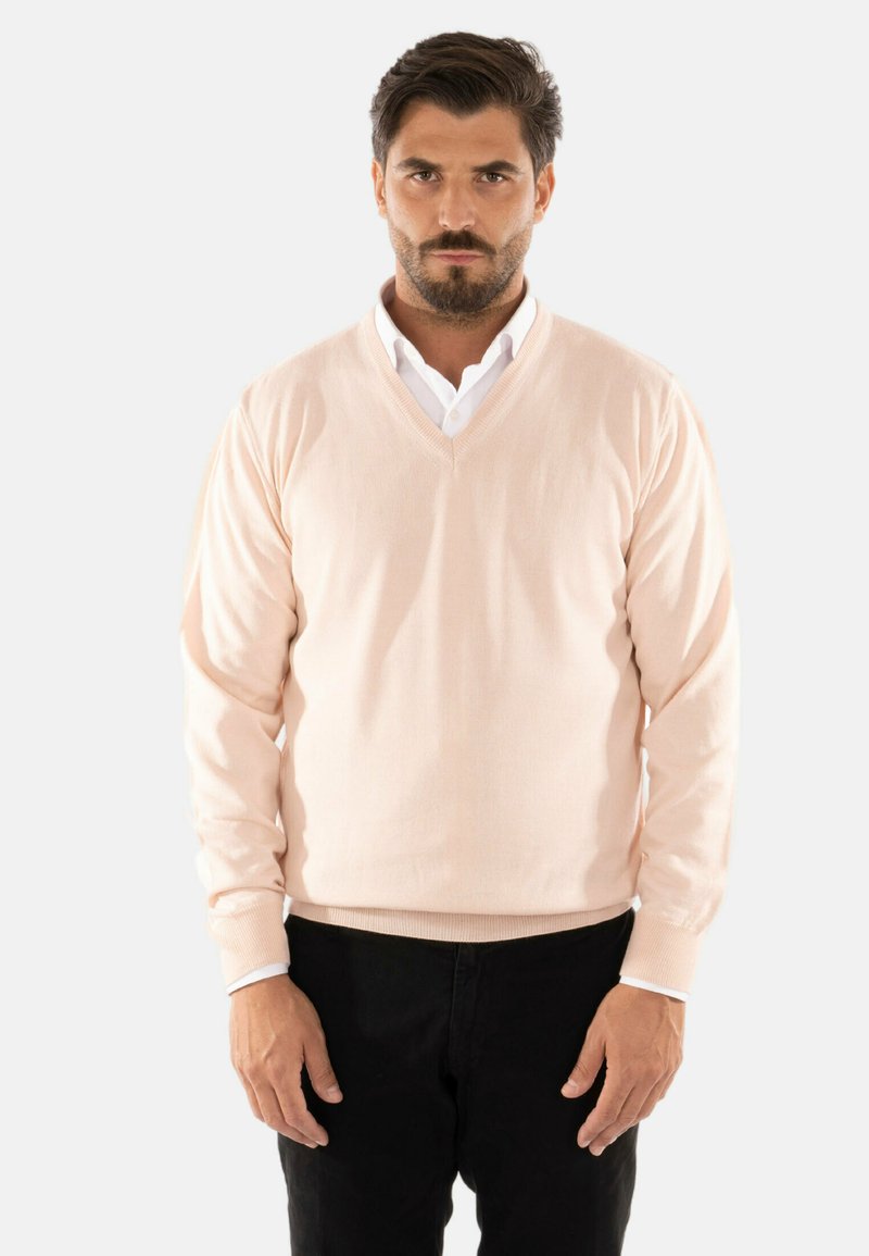 Maglione rosa chiaro a V realizzato in morbido tessuto a maglia, con maniche lunghe e dettagli a costine sui polsini e sull'orlo. Abbinato a una camicia con colletto.