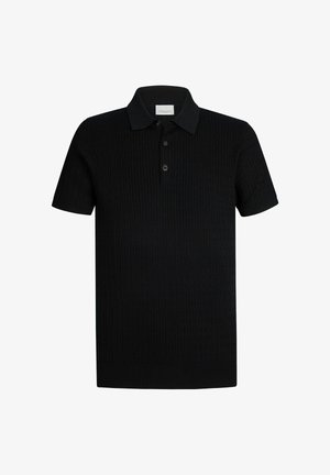Zwart poloshirt met een geribbelde textuur, korte mouwen en een drieknopenlijst. Heeft een klassieke kraag en een slanke pasvorm.