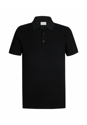 Polo nero con trama a costine, maniche corte e patta con tre bottoni. Presenta un colletto classico e un design aderente.