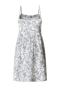 Floral-printed sundress in white and blue, featuring thin straps, a fitted bodice, and a flared skirt with pleats. Cotton material.