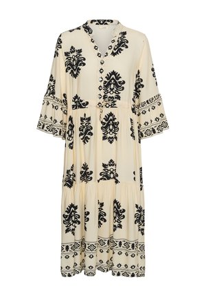 Cremefarbenes Midikleid mit schwarzem floralen Damastmuster, dreiviertellangen Glockenärmeln, geknöpftem V-Ausschnitt und gestuftem Rock.