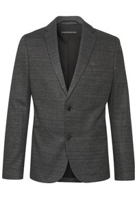 Szary żakiet o fakturowanej tkaninie, z dwoma guzikami, klapami w kształcie litery V oraz kieszeniami bocznymi. Czarne podszewka wewnętrzna. Slim fit.