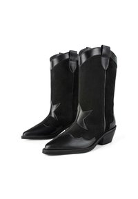 Cizme negre de cowboy cu vârfuri ascuțite, realizate din piele și suede, având accente în formă de stea și un toc joasă, completând un design elegant.