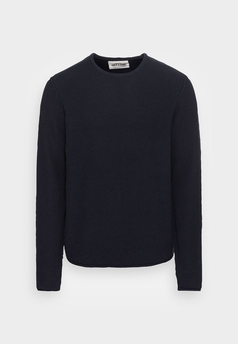 Marineblauer Langarmpullover mit strukturiertem Muster, Rundhalsausschnitt und leicht abgerundetem Saum. Hergestellt aus einem weichen Baumwollmischgewebe.