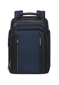 Zaino Samsonite blu navy e nero con più scomparti con cerniera e spallacci imbottiti, in posizione verticale.