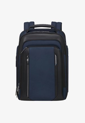 Zaino Samsonite blu navy e nero con più scomparti con cerniera e spallacci imbottiti, in posizione verticale.