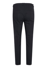 Black tailored trousers with a slim fit, featuring a smooth texture, belt loops, and two back pockets. Simple design with no visible patterns.