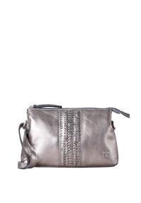 Metallic silver leather clutch with a textured woven pattern on the front. Zip closure, detachable strap, and a sleek rectangular shape.