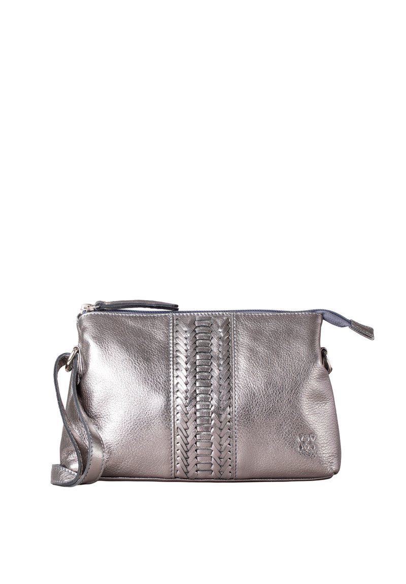 Metallic silver leather clutch with a textured woven pattern on the front. Zip closure, detachable strap, and a sleek rectangular shape.