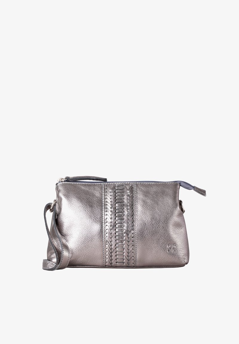 Metallic silver leather clutch with a textured woven pattern on the front. Zip closure, detachable strap, and a sleek rectangular shape.