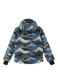 Chaqueta acolchada con un patrón pixelado multicolor en azul, negro y blanco. Diseñada con capucha y puños elásticos.