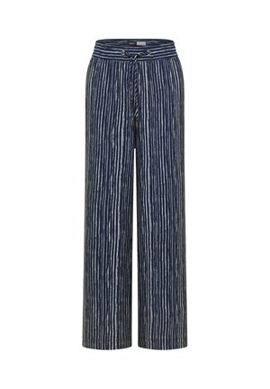 Pantalon large bleu marine à rayures verticales blanches avec taille ajustable à cordon sur fond uni.