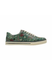 Grüne Sneakers mit Blumenmuster, beigen Schnürsenkeln, Gummisohle und schwarzem Akzentstreifen. Sie verfügen über ein Textil-Obermaterial mit verschiedenen Blumendesigns.