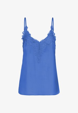 Zils sieviešu bezroku tops ar mežģīņu rotājumu gar V-veida kakla līniju un plānām regulējamām lencēm uz baltas fona.