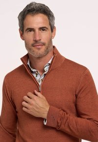 Pullover in Rostfarbe mit halbhohem Reißverschluss, gerippten Bündchen und strukturierter Wollmischung. Darunter ein Hemdkragen mit Muster.