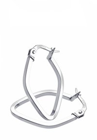 Silver metal hoop earrings featuring a geometric design with a slight twist, polished texture, and secure clasp closure.