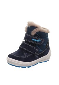 Marineblauwe kinderlaars met klittenbandsluitingen, doorgestikt ontwerp, zachte nepbont voering en een witte rubberen zool met blauwe accenten.