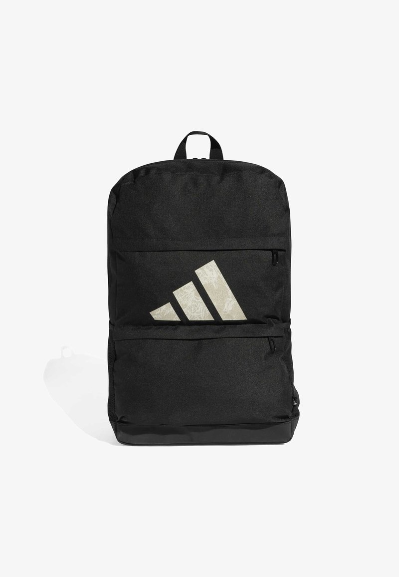 Black backpack with a textured fabric, featuring a prominent white Adidas logo with three stripes, and two zippered pockets on the front.