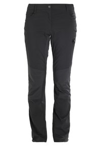 Pantalon d'extérieur noir à jambes droites avec renforts aux genoux, fermeture par boutons, passants pour ceinture, poches avant et latérales.