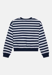 Sweatshirt court rayé bleu marine et blanc avec un col rond et des poignets ajustés. Tissu en coton doux avec un léger stretch.