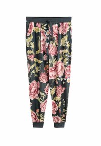 Květinové tepláky v tmavě zelené barvě, s velkými růžovými a žlutými květinovými vzory, elastickým pasem se šňůrkou a úzkými manžetami.