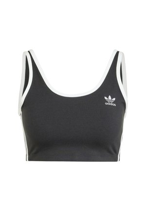 Soutien-gorge de sport noir avec une bordure blanche, fabriqué en tissu extensible. Il présente un col rond et un petit logo adidas à l'avant.