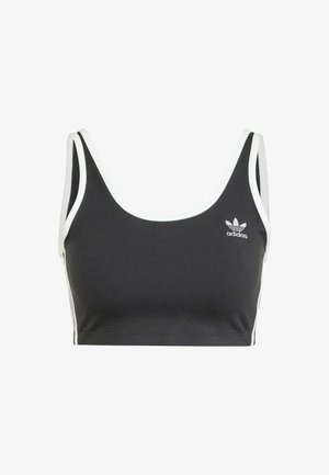 Sustentáculo desportivo preto com acabamentos brancos, feito de tecido elástico. Apresenta um decote arredondado e um pequeno logótipo da adidas na parte da frente.