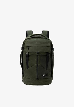 Dunkelgrüner Dakine-Rucksack mit mehreren Reißverschlussfächern, verstellbaren Schultergurten und einem oberen Griff.