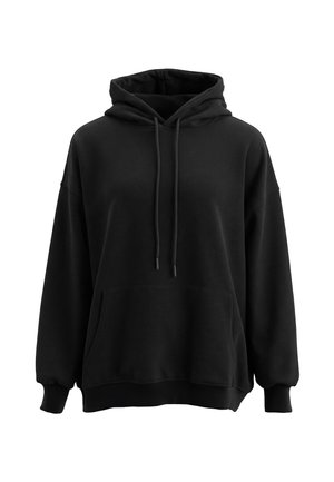 Zwarte oversized hoodie met buidelzak aan de voorkant, trekkoordkap en geribde manchetten en zoom, weergegeven op een witte achtergrond.