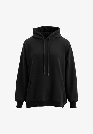 Czarna bluza oversize z kieszenią kangurką na przodzie, kapturem ze sznurkiem oraz ściągaczami na rękawach i na dole, przedstawiona na białym tle.