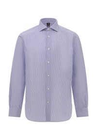 Modra in bela prugasta srajca z dolgimi rokavi, standardnim ovratnikom, sprednjimi gumbi in zaobljenim robom. Bombažna tkanina z gladko teksturo.