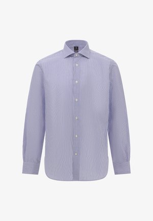 Niebiesko-biała w paski koszula z długim rękawem, z klasycznym kołnierzykiem, z przodu zapinana na guziki i o zaokrąglonym dole. Wykonana z bawełnianej tkaniny o gładkiej fakturze.