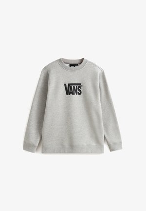 Grå sweatshirt lavet af blødt stof med ribbet manchetter og kant, rund hals og et sort "VANS" logo på fronten.