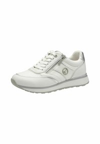 Scarpa sportiva bianca in pelle liscia, con dettagli argentati, chiusura con lacci regolabili, cerniera laterale e suola imbottita per il massimo comfort.