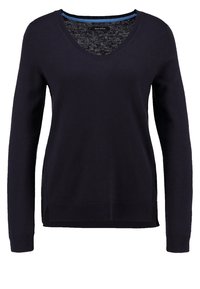 Navy blue v-neck sweater made from soft knit fabric, featuring long sleeves, ribbed cuffs, and side slits for comfort.