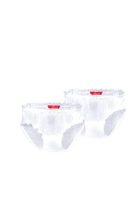 Unterwäscheset mit weißen Spitzenverzierungen und floralem Muster, ausgestattet mit einem weichen, elastischen Bündchen und einem roten Markentag oben.