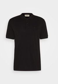 Polo noir en coton, doté d'une patte de boutonnage à trois boutons, de manches courtes et d'un logo discret sur la poitrine.