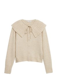 Cardigan crème avec un large col côtelé, fermeture à boutons sur le devant et manches texturées. Fabriqué à partir d'un tissu doux et léger.