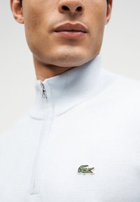 Κοντινό πλάνο ενός ατόμου που φοράει λευκό πουλόβερ με φερμουάρ και πράσινο λογότυπο κροκόδειλου στο αριστερό στήθος.