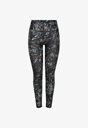 Leggings negros con un patrón en espiral en azul, marrón y blanco. Cintura alta, material elástico, diseño ajustado, textura lisa.