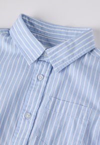 Lichtblauw button-up shirt met dunne witte verticale strepen, een klassieke kraag, een enkele borstzak en ronde knopen.