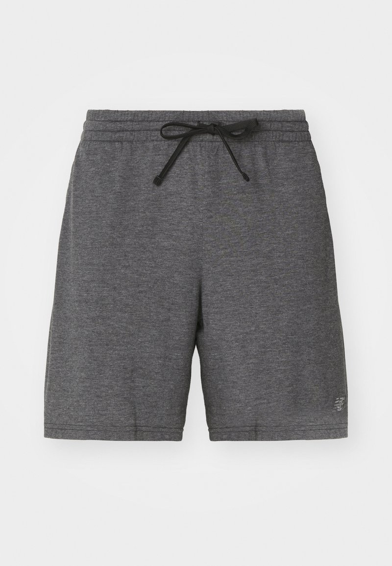 Shorts de sport gris foncé en tissu léger, avec une taille élastique et un cordon noir, et un petit logo sur le côté inférieur.