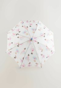 Ombrello in tessuto bianco con un motivo di ballerine colorate, con un manico e punte azzurri, e otto sezioni rinforzate per il supporto.