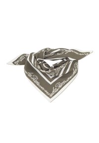 Écharpe triangulaire à motifs marron et blanc, fabriquée en tissu doux. Présente des designs complexes le long des bords et une texture lisse.