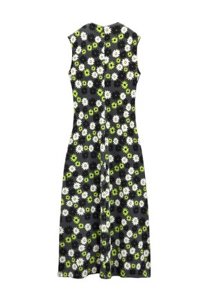 Sukienka bez rękawów, wykonana z miękkiego materiału, z kwiatowym wzorem w czerni, bieli i zieleni na ciemnym tle; dopasowany krój.