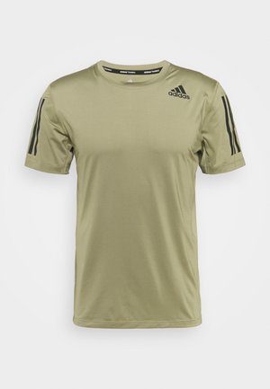 T-shirt d'entraînement Adidas vert olive clair avec logo noir sur la poitrine et trois bandes noires sur chaque manche.