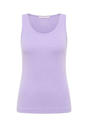 Lilac sleeveless cotton tank top with round neckline, fitted cut, and organic cotton label inside the collar.