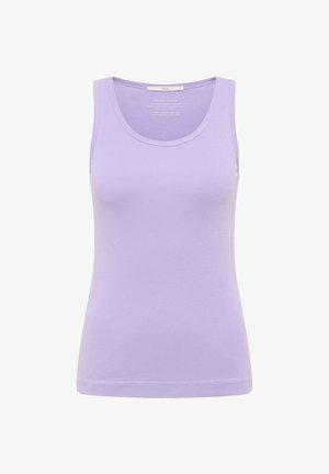 Lilac sleeveless cotton tank top with round neckline, fitted cut, and organic cotton label inside the collar.