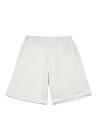 Shorts en mélange de coton blanc avec une taille élastique, deux poches latérales et un logo discret sur la jambe gauche. Texture lisse et coupe ample.